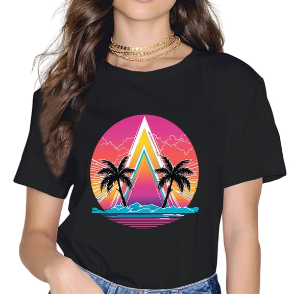 Retro 80s 90s Vaporwave Tropical Sunset Palm Trees Women T-Shirt