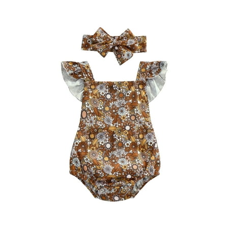 

Calsunbaby Newborn Infant Girl Bodysuit with Headband Fly Sleeve Vintage Flower Pattern Square Neck Snap Crotch Loose Fit Romper