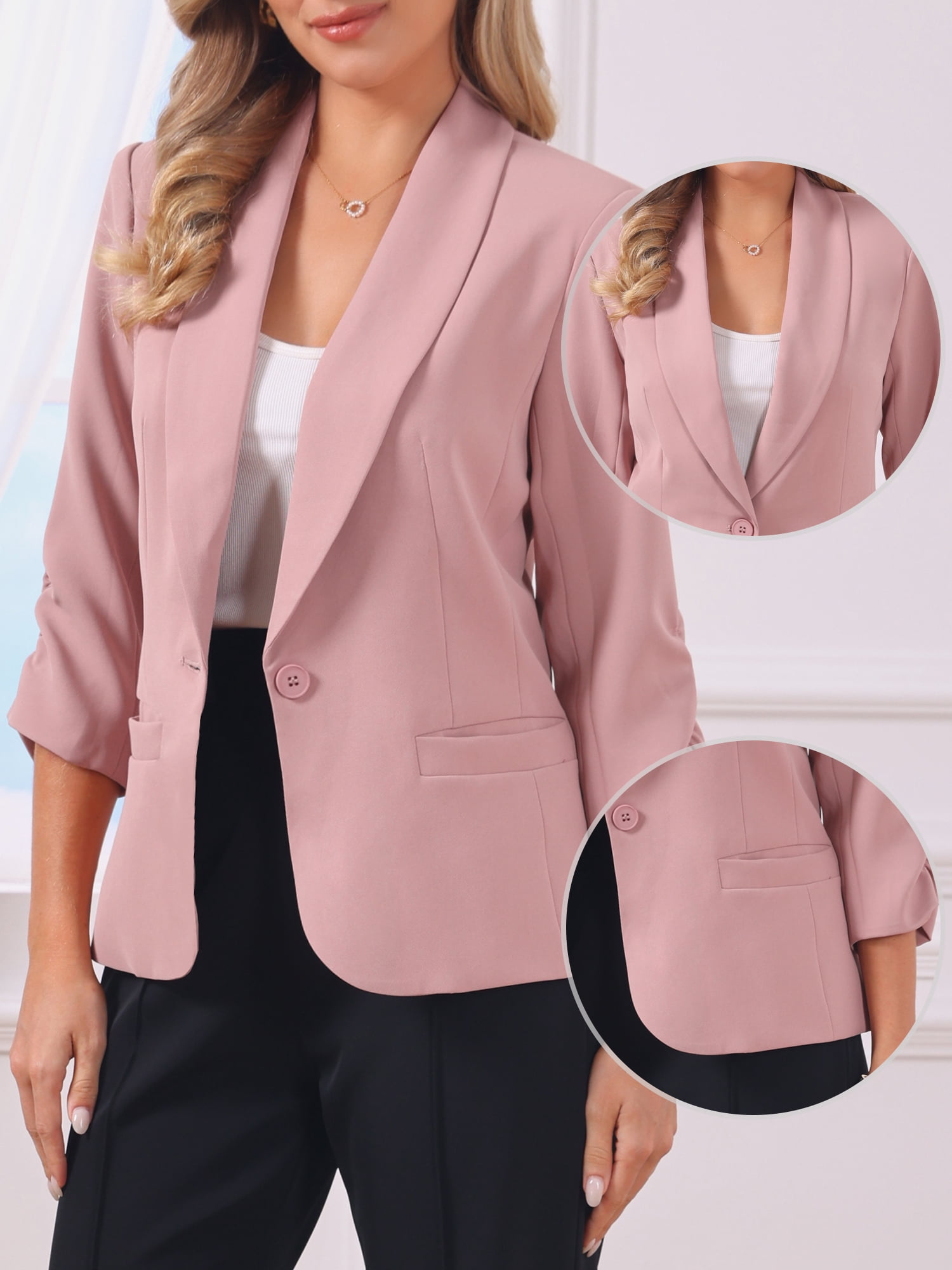 DARING DIVA Women's 3/4 Sleeve Shawl Lapel Work Blazer with Pockets L Pink