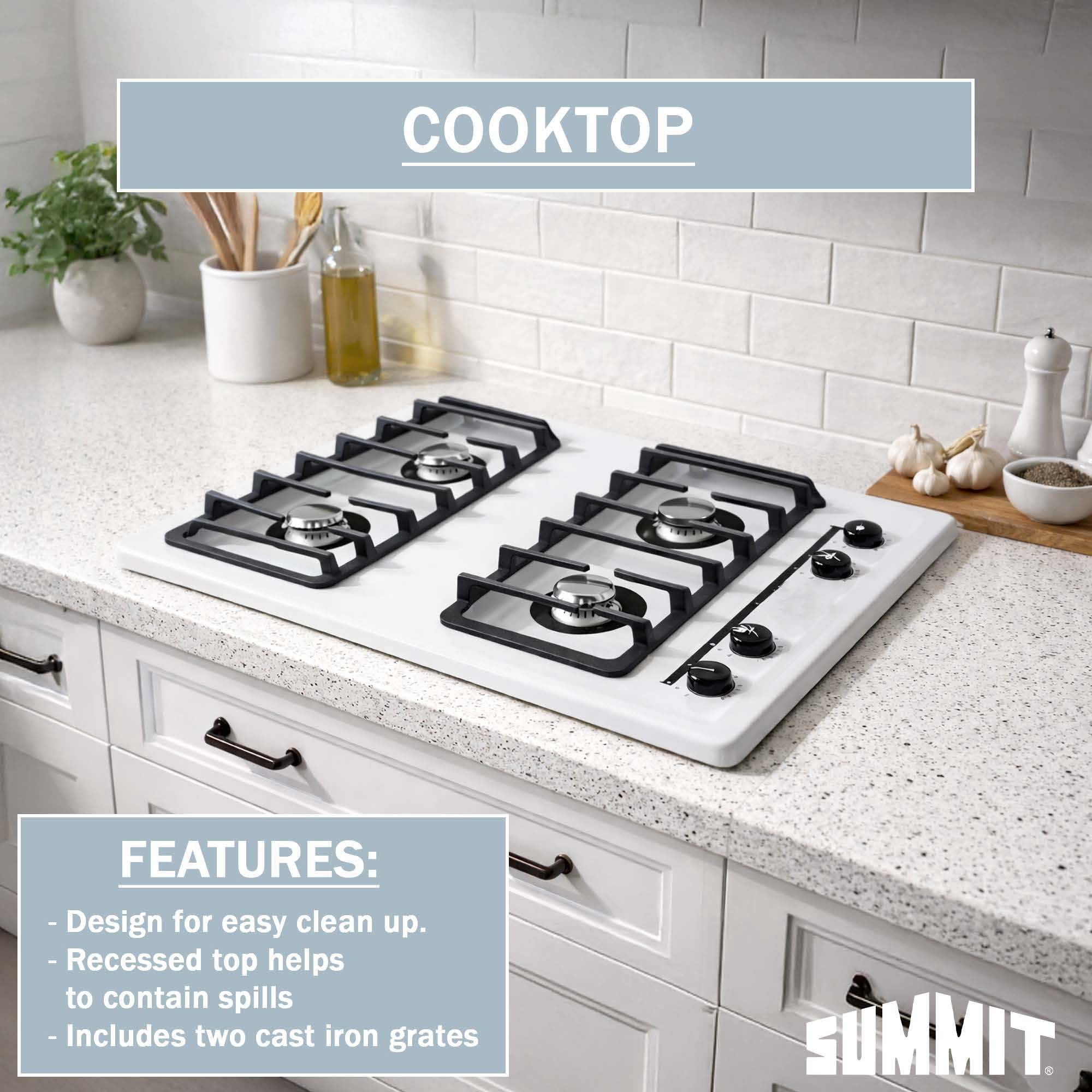 Summit 30" Gas Cooktop, 4-Burner, Electric Ignition, 115V, White - WNL053I