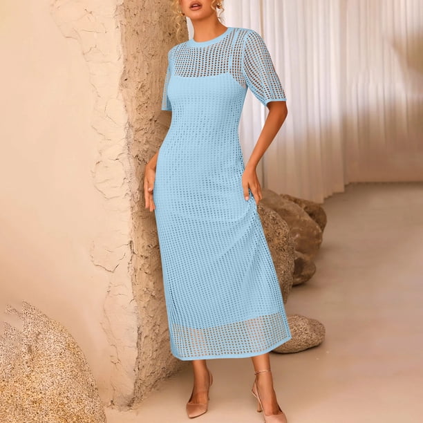 walmart plus size dresses THDHVS Dress,Dresses for Women,2 Piece Set Sheer Cropped Top with Slip Dress Solid Color Layered Look Light Blue Fabric Upgrade Plus Size Summer Dresses in