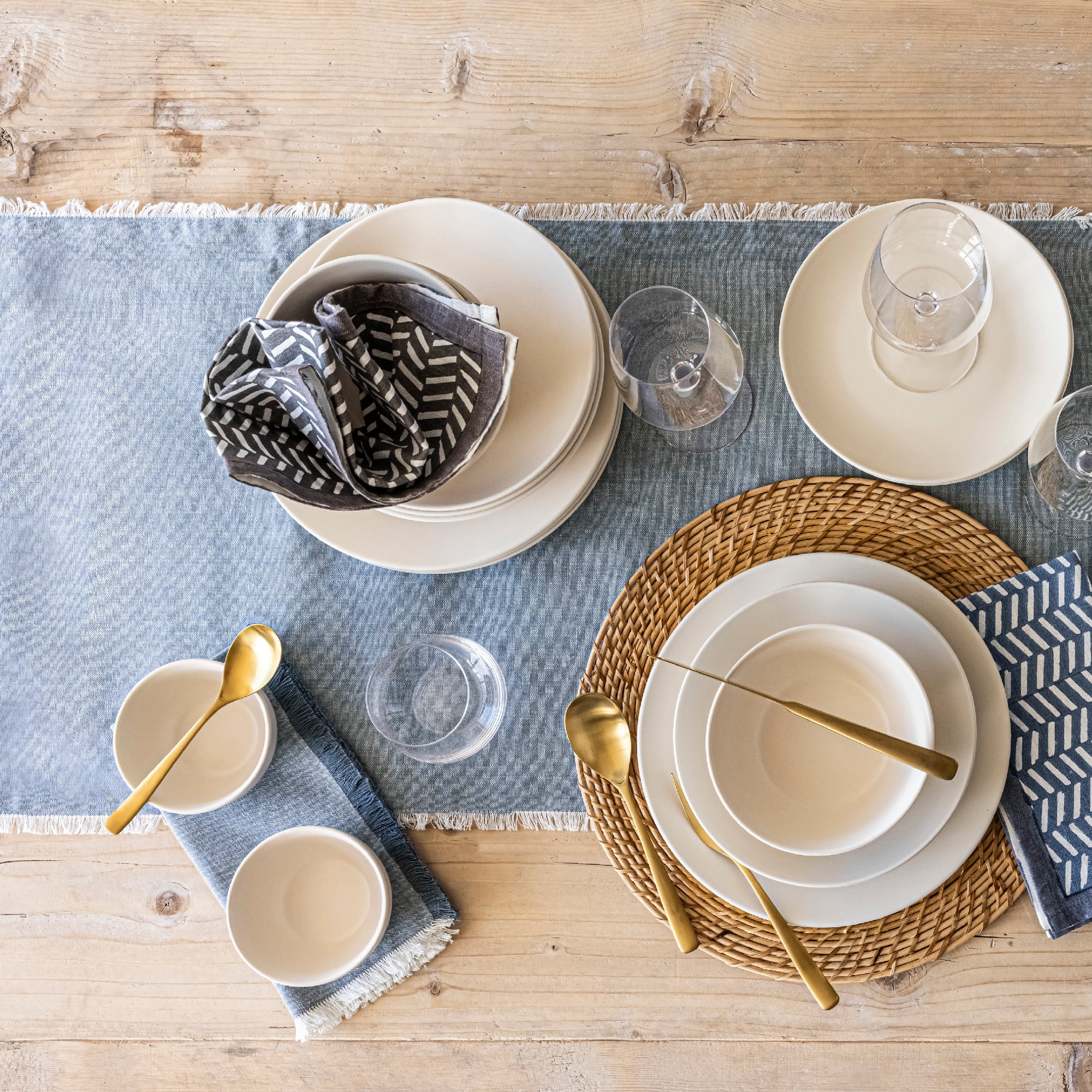 over&back 18x108 Woven Frayed Chambray Cotton Table Runner - Washable Table Runners for a Custom Home Decor Tablescape - Hand-Finished Frayed Edges - Coffee Table, Dinner Table, Living Room - Blue