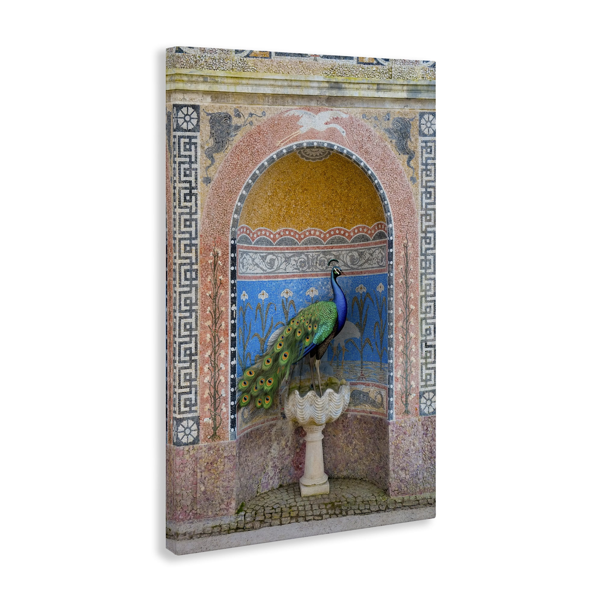 Stupell Industries Peacock with Traditional Architecture Novelty Painting Gallery Wrapped Canvas Art Print Wall Art, 16 x 24