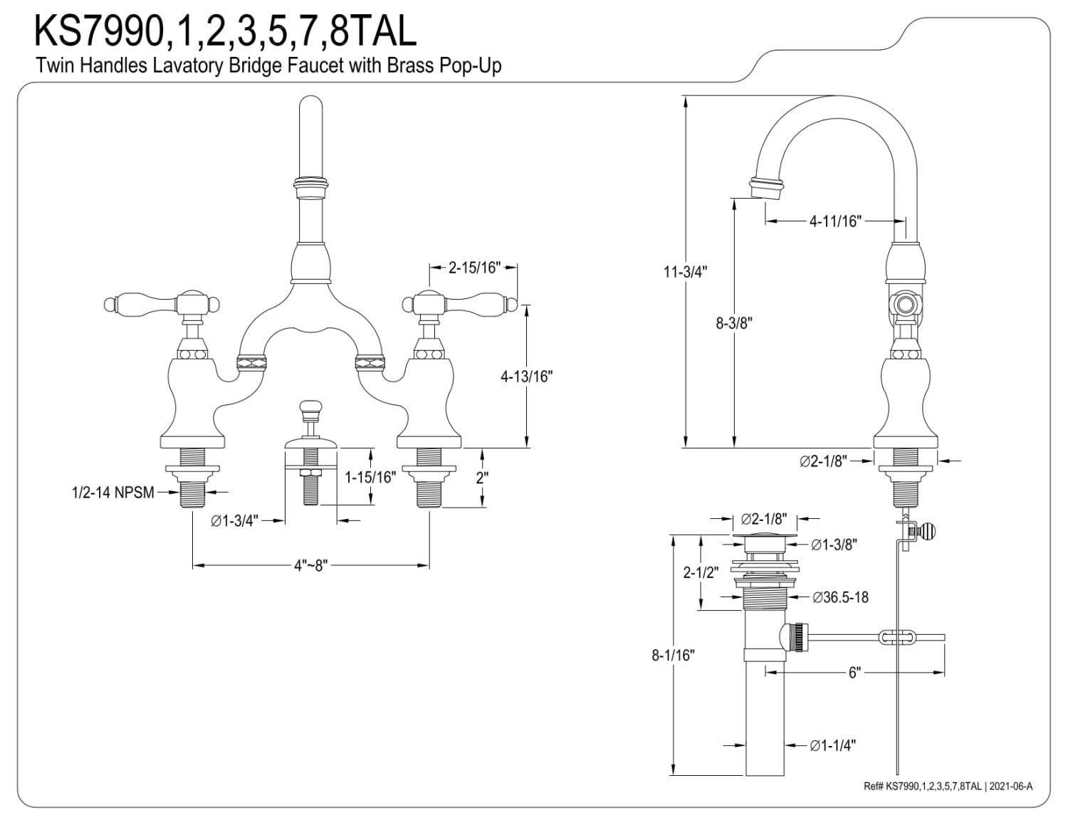 Kingston Brass KS7998TAL Standard Mount Bridge Bathroom Faucet, Brushed Nickel