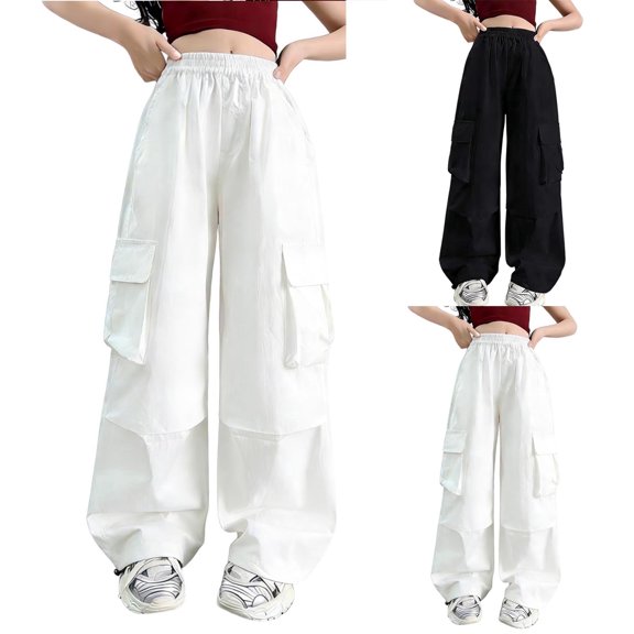 Crunowin Girls Cargo Pants, Side Pockets Cotton Wide Leg Solid Color Utility Pants Size 10
