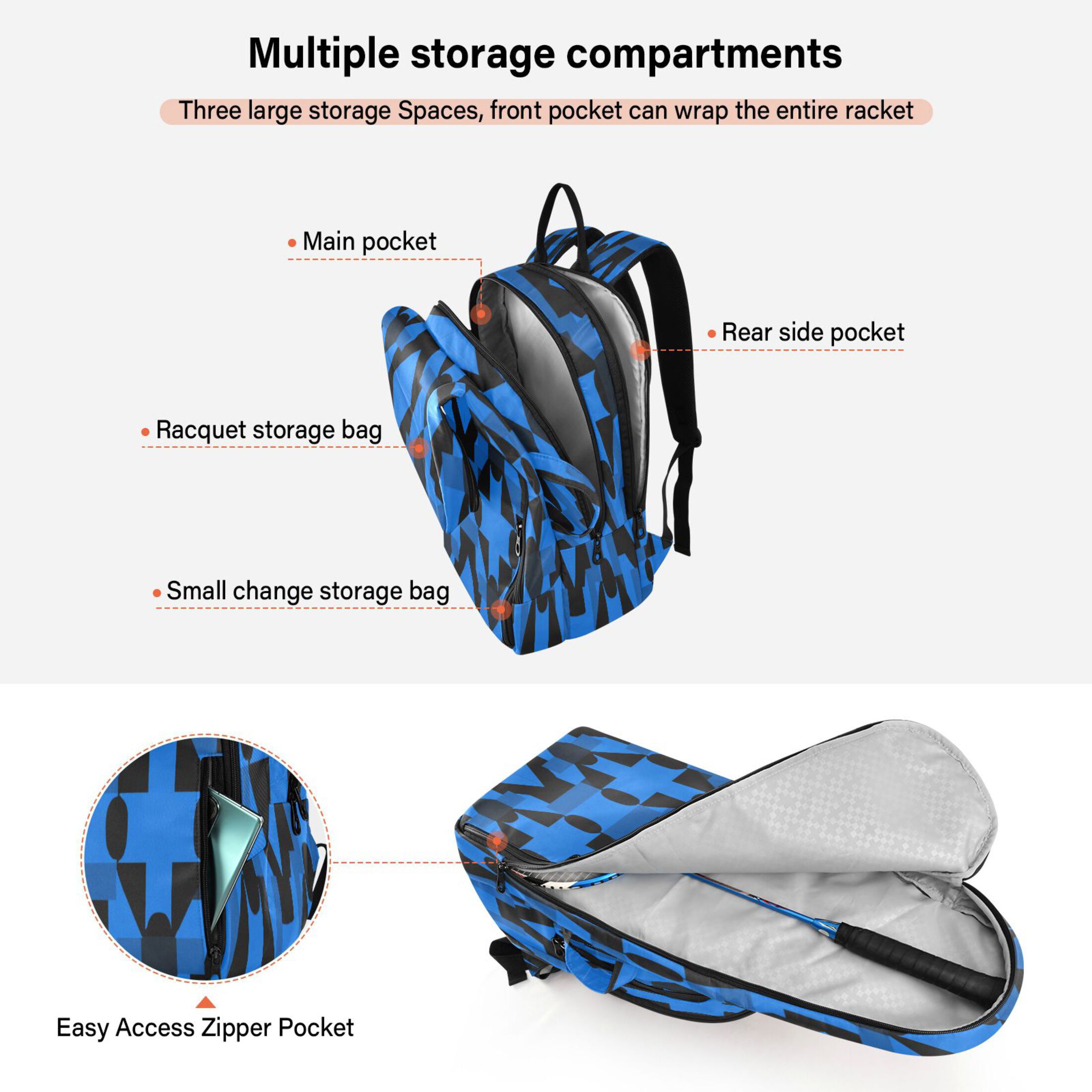 2 Racquet Holder Tennis Backpack Tennis Racket Covers Gym Bags Dark Blue Black Plaid