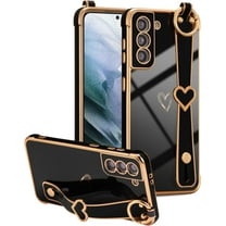 Designed for Samsung Galaxy S21 5G Case with Wristband,Plating Edge Love Hearts Pattern Hand Strap Finger Holder Kickstand Case,Soft Shockproof Cover for Girls Women,Black