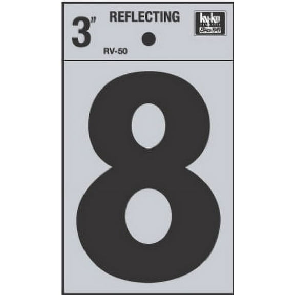 Hy-Ko RV-50/8 Reflective Adhesive Vinyl Number 8 Sign, 3", Black/Silver, Each