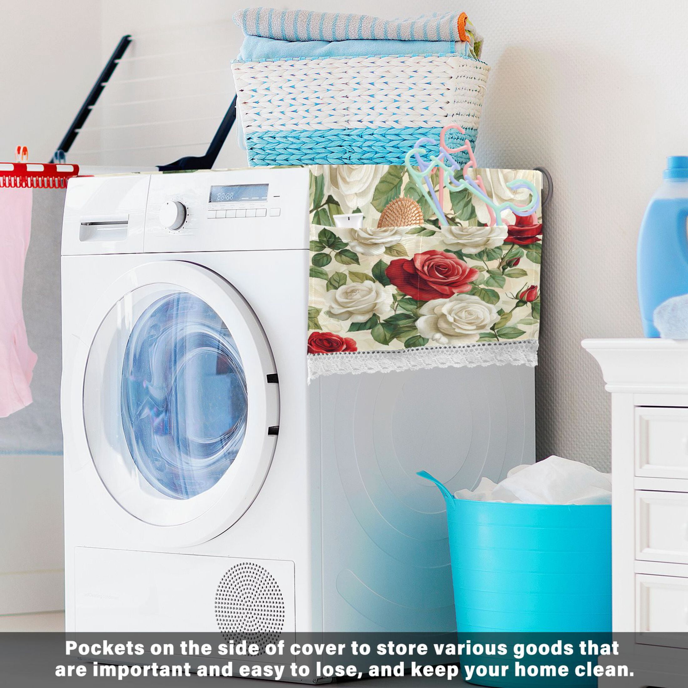 WOBOGO Red White Rose Pattern Washing Machine Cloth Dryer Refrigerator Top Cover Protective Non-Slip Mat For Kitchen Laundry