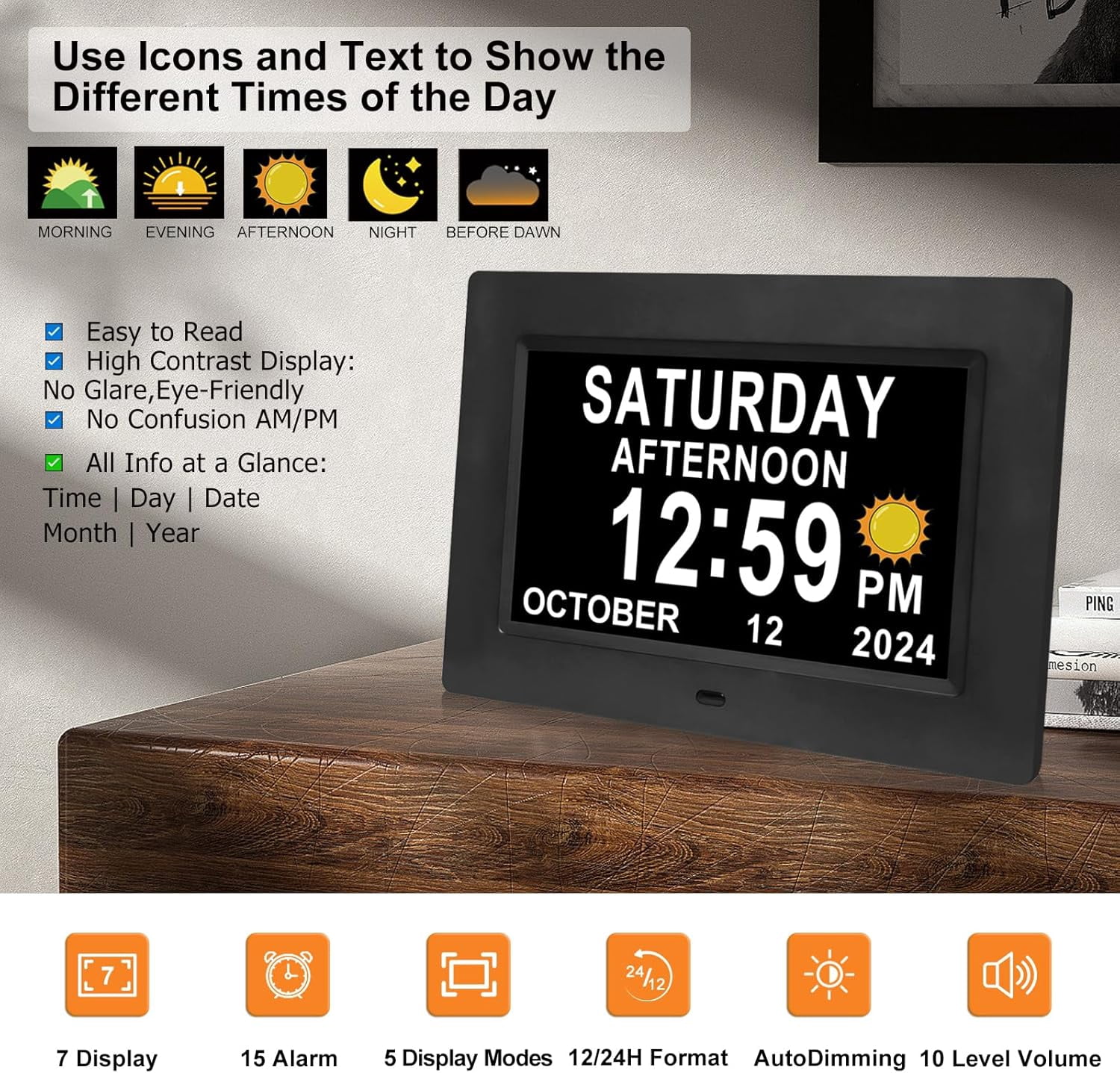 Digital Calendar Dementia Alarm Clock with Day and Date for Elderly - 15 Alarms 5 Colors Display Large Alzheimers Seniors (7in Black)