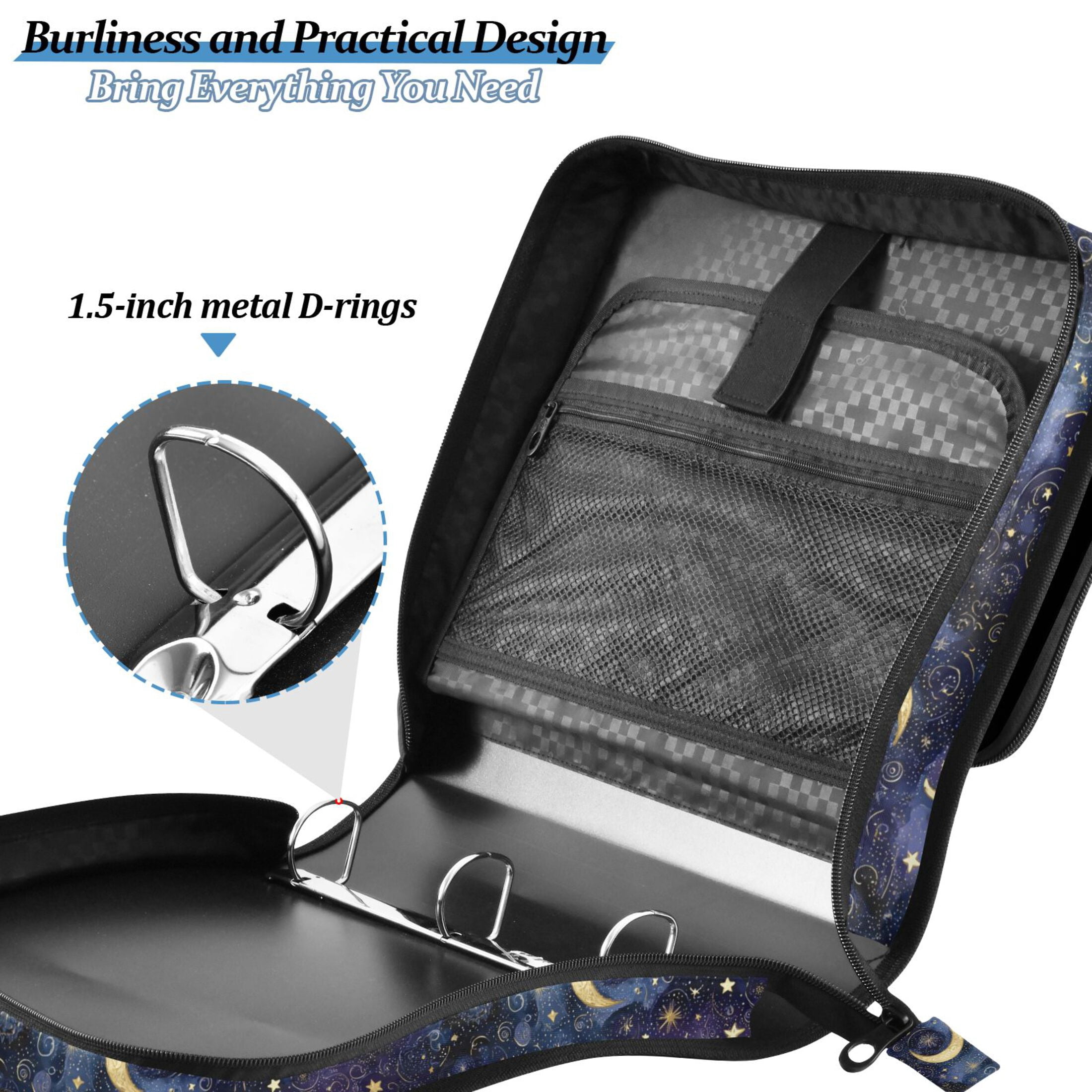 Zipper Binder Beautiful Starry Sky 1.5 Inch Binder Folder Bag with Shoulder Strap and Handle