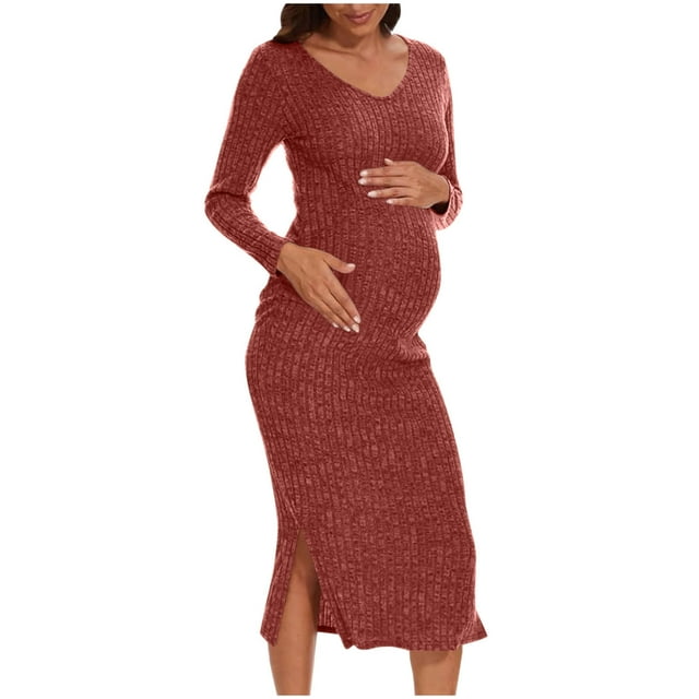 Robe de Maternité à Manches Longues, Robe Midi en Tricot Côtelé avec Fente Latérale