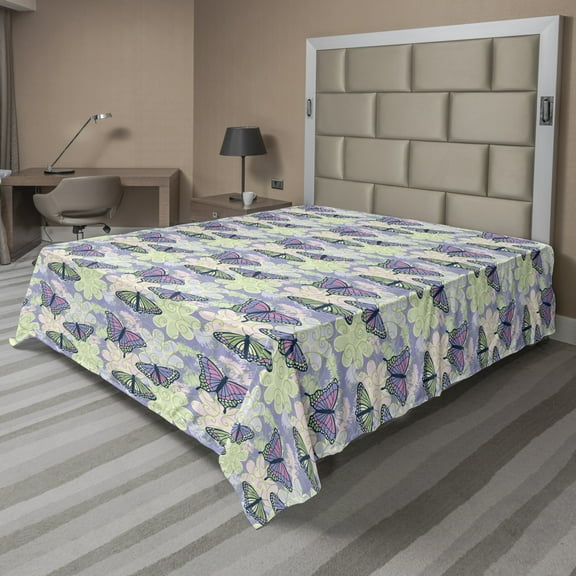 Ambesonne Floral Flat Sheet, Butterflies on Grunge Back, Queen Size, Ceil Blue and Multicolor