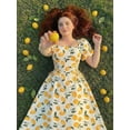 thumbnail image 6 of Multicolor Lemon Print Midi Dress With Puff Sleeves Square Neck Side Tie Waist Flowy Skirt, 6 of 8