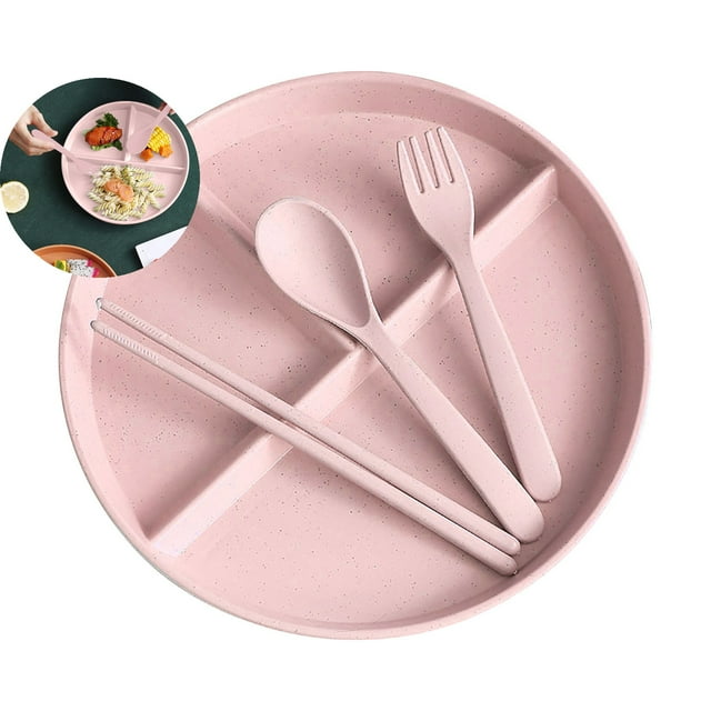 Dvruxg 3-Compartment Divided Tableware Set – Microwave Safe Fiber Plate with Spoon, Fork & Chopsticks – Meal Tray