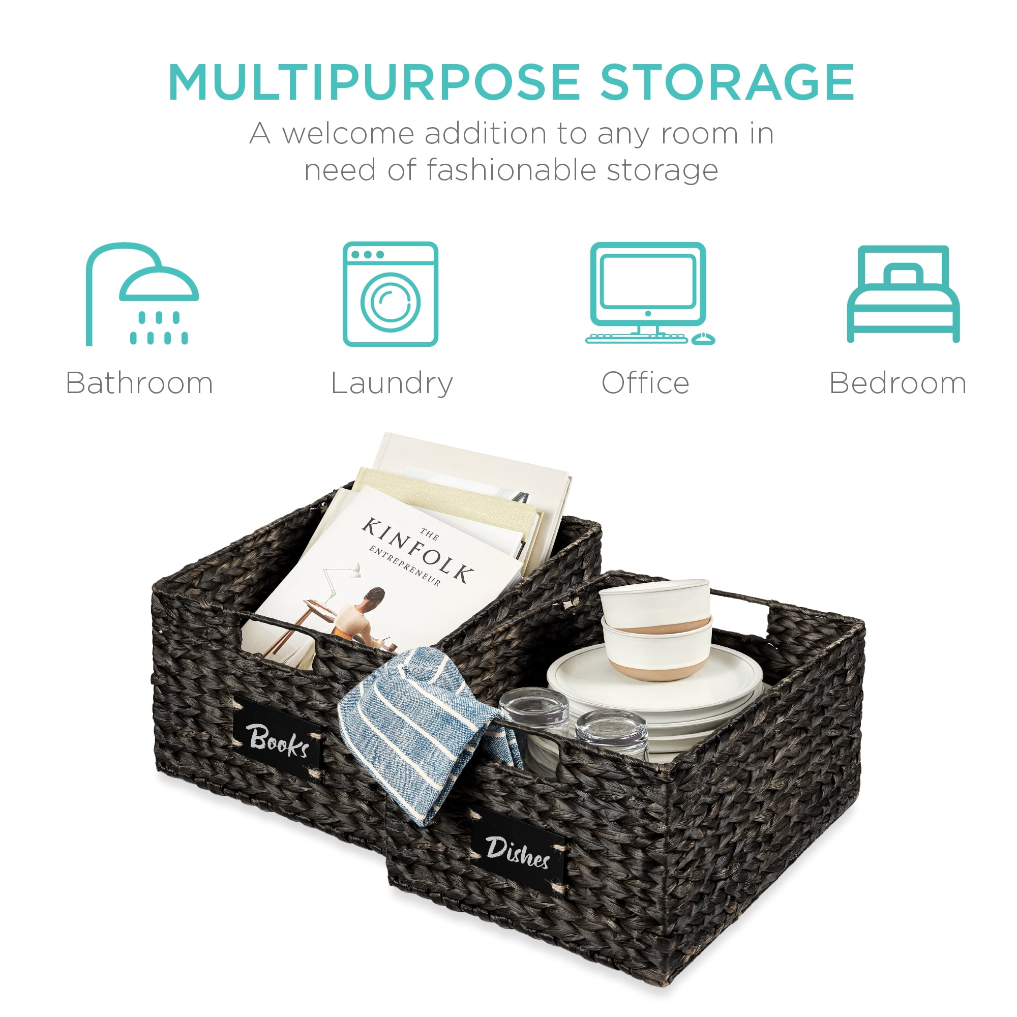 Best Choice Products Set of 2 16in Woven Water Hyacinth Pantry Baskets w/ Chalkboard Label, Chalk Marker - Black