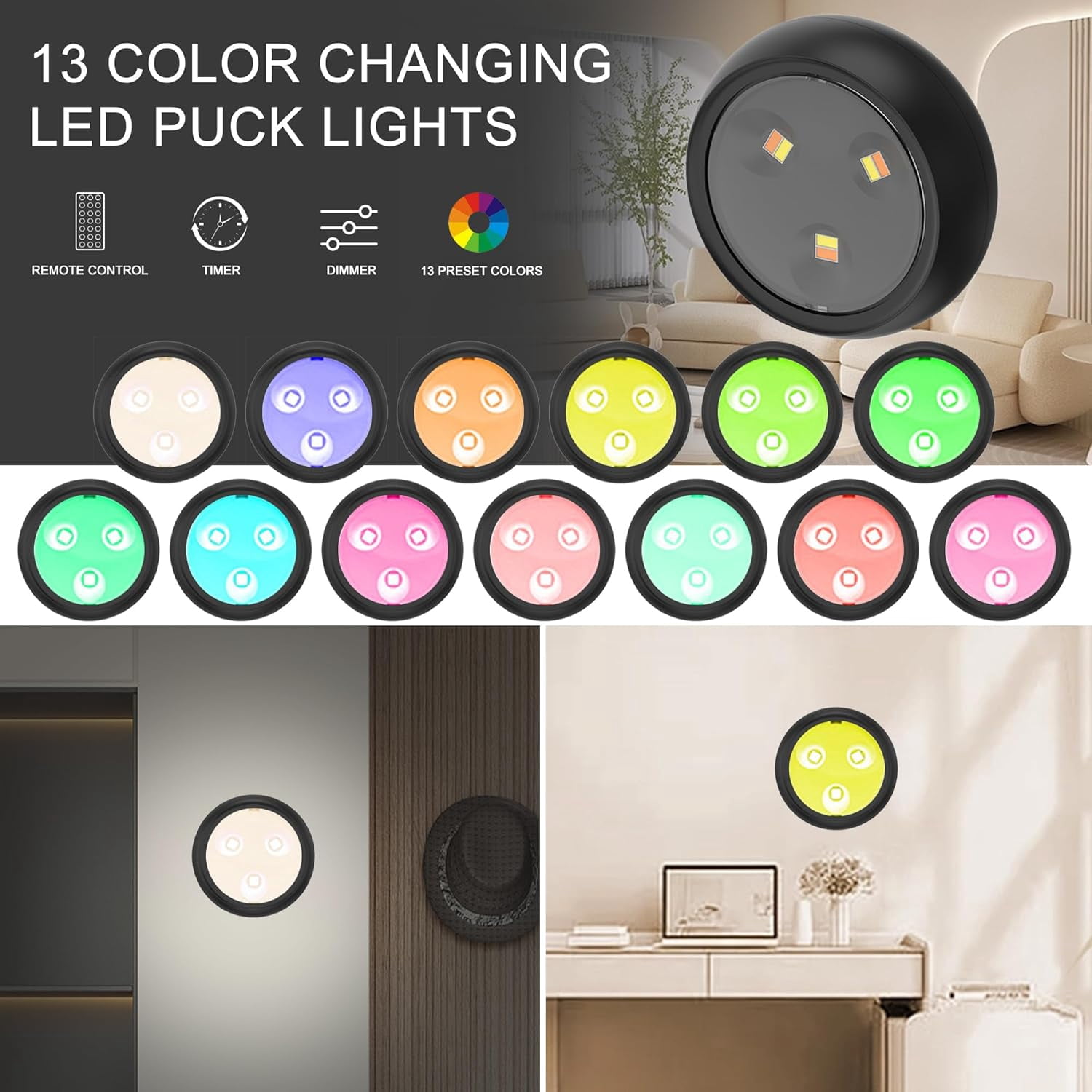 JJEAN-Puck Lights, 13 Colors Changeable LED Puck lightings Battery Powered Dimmable Under Cabinet Lights, Battery Powered Under Counter Lights with Wireless Remote Controls for Kitchen