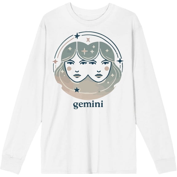 Gemini Zodiac Sign Adult White Crew Neck Long Sleeve Tee-Medium