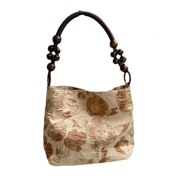 Embroidered Print Flower Handbag for Women Shoulder Bag Casual Underarm Bag with Wood Beads Chain Handle Bucket Purse