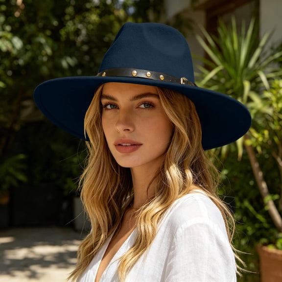 Timeless Fedora Hat For Everyday Leisure – Wide Brim Jazz Style With Ethnic Design Flat Unisex Fashion Headwear Cowboy Hat, Navy
