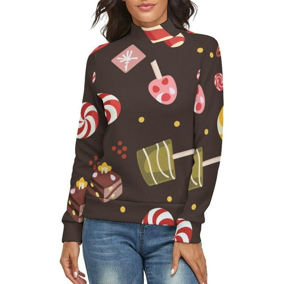 Christmas Candy Pattern Women's Turtleneck Sweater Long Sleeve Ribbed Fitted Turtle Neck Casual Fall Winter Collection Top S