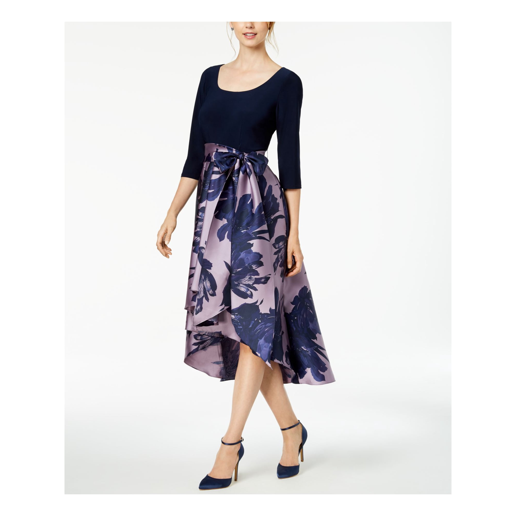 Ru0026M RICHARDS Womens Navy Floral Scoop Neck Below The Knee Party Hi-Lo Dress  16 - Walmart.com