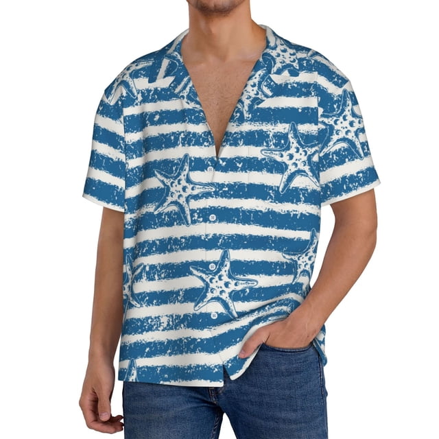 Balery Ocean on Striped Camisa Casual de Manga Corta con Botones para Hombre, Texturizada, Estilo Cubano, para Playa, Verano-Small