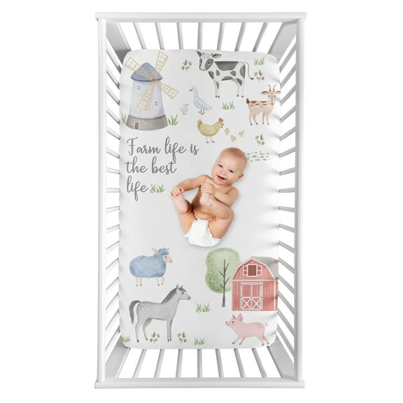 Sweet Jojo Designs Farm Animals Gray Green Grey Red Photo Op Fitted Crib Sheet