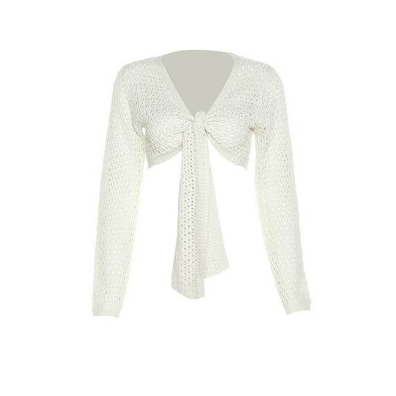 Liacowi Women Knit Cardigan Front Tie-up V Neck Long Sleeve Hollow Knitted Crop Smock Tops