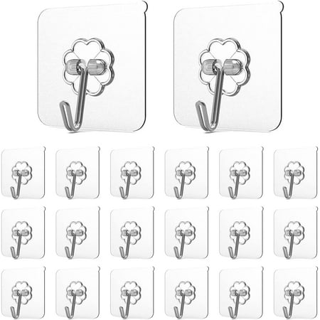 

20 Pack Adhesive Hooks for Hanging - Heavy Duty Wall Hooks | Removable Sticky Ceiling Hooks | Transparent | Ideal for Bathroom Kitchen Decorations | Holds up to 22lb/10kg per Hook | No Tools or Nail