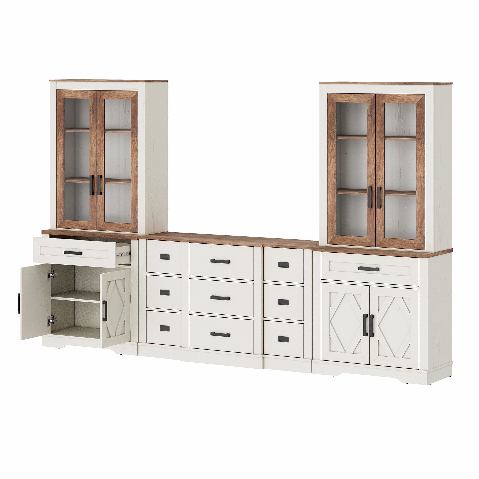 WAMPAT Farmhouse Entertainment Center with Bookshelf for TVs up to 60",Mid Century Modern TV Stand with 73"H Tall 5-Tier Bookcase with 2 Drawers and Glass Doors for Living Room,Bedroom, White Oak