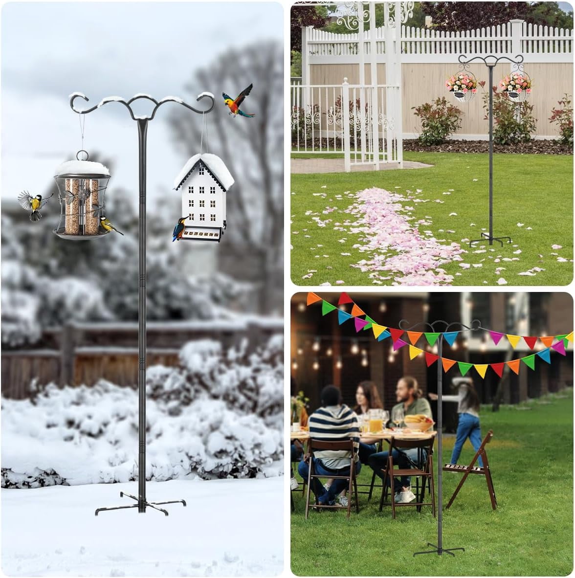 KOLAKO Bird Feeding Station, 197cm Free Standing Bird Feeder Poles Hangers, Metal Heavy Duty Double Shepherds Hook for Garden Lanterns, Light, Black