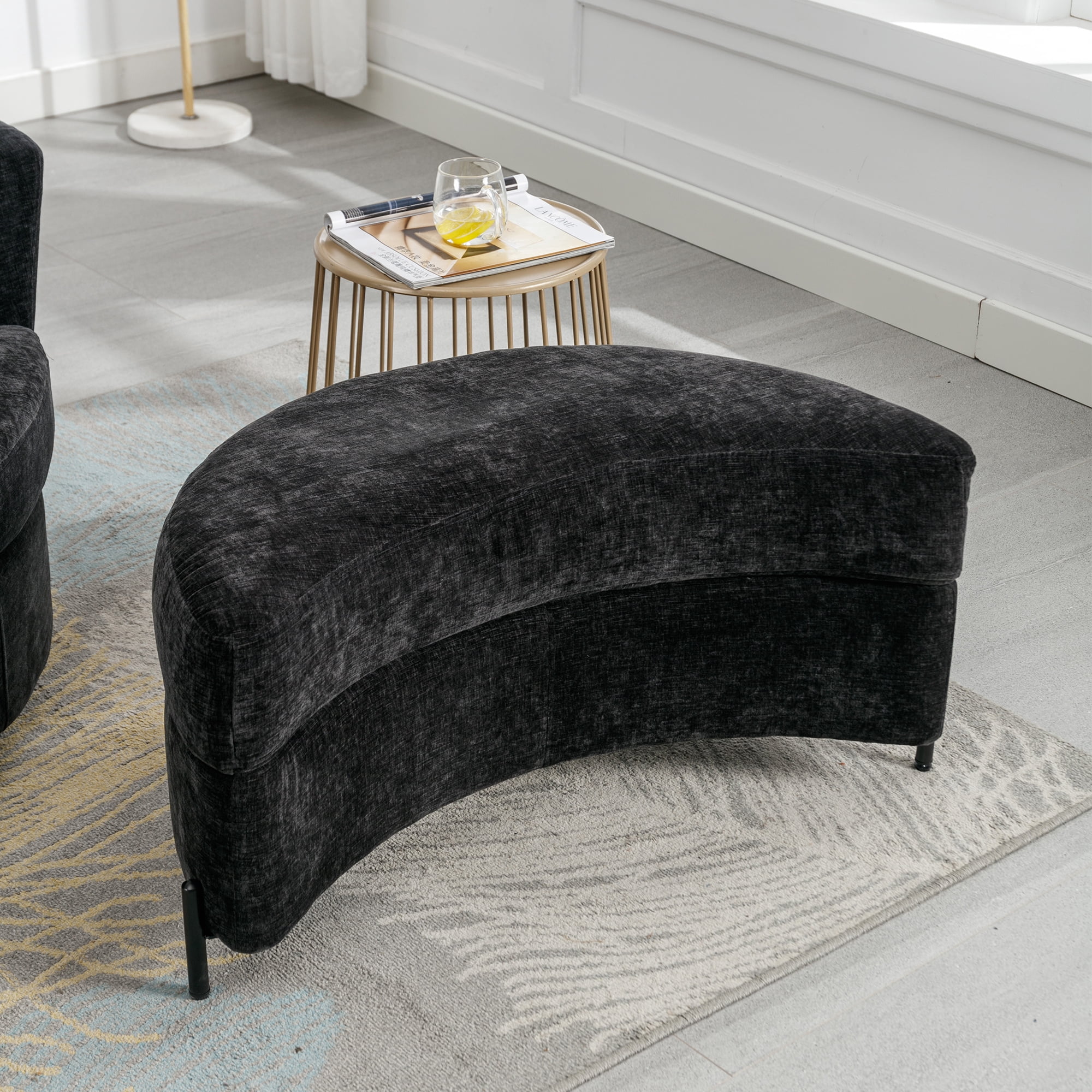 Aukfa 33" Storage Ottoman, Convertible Bench, Side Table for Living Room, Half Moon Shape, Black