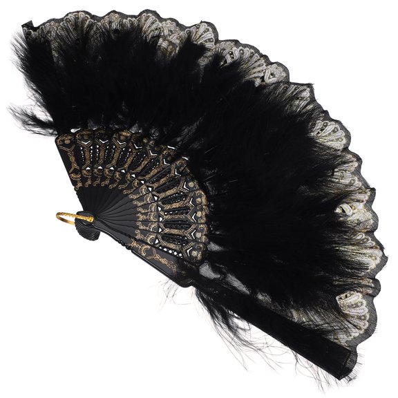HAMPPLIES 1Pcs Folding Fan Black Vintage Plume Cosplay Handheld