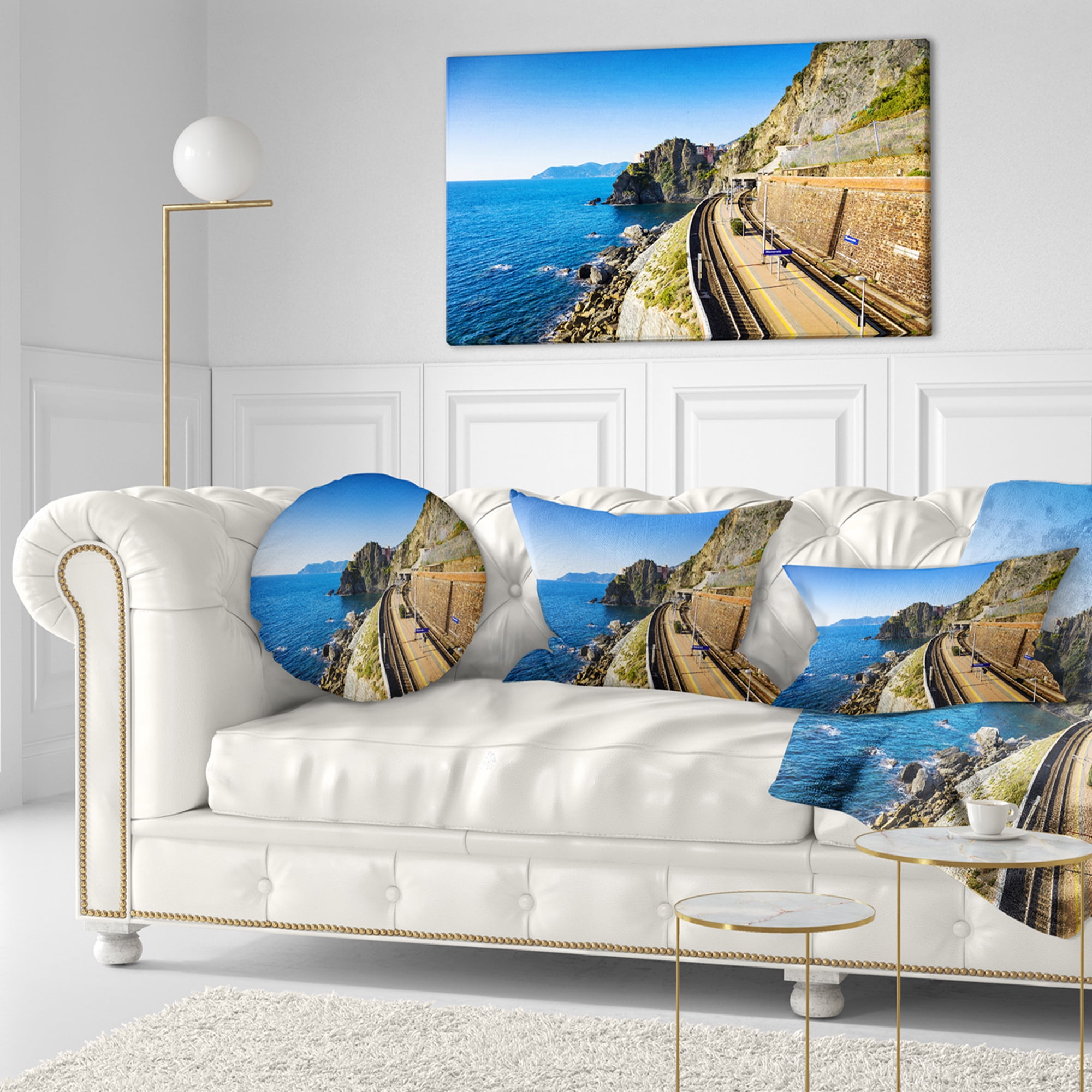 Designart Train and Railroad Station in Manarola - Landscape Wall Throw Pillow - 12x20