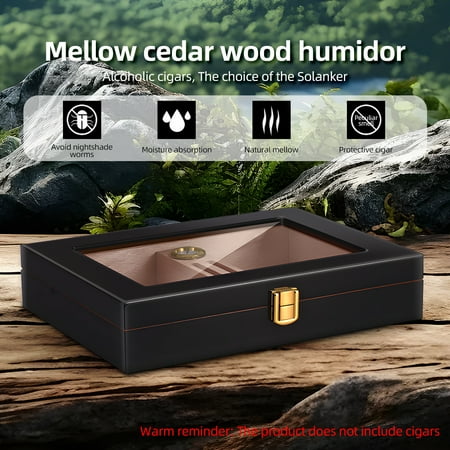 M Buder Premium Cedar Wood Cigar Humidor Box with Glass Top Display, Holds 10-18 Cigars, Desktop Storage Case Includes Humidifier, Built-in Hygrometer and Divider, Elegant Black Men's Accessory