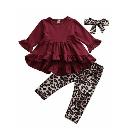 

FOCUSNORM 3PCS Toddler Baby Girl Leopard Outfits Top T-shirt+Pants Set
