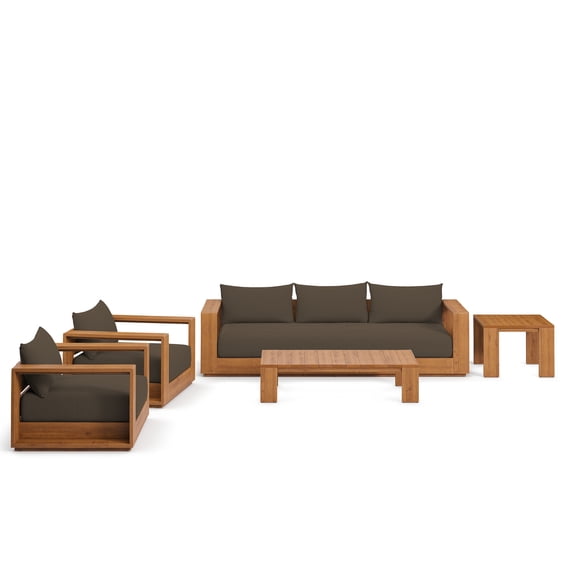5 pcs Lounge Sectional Sofa Table Set, Natural Brown, Wood, Outdoor Patio Balcony Cafe Bistro Garden Hospitality Restaurant, Modern Contemporary, HB37062