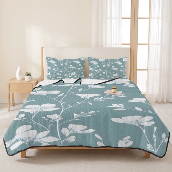 3 Piece Summer Bed Quilt Set King Size,Country Flower Watercolor Blue Lightweight Bedspread Coverlet with 2 Pillowcases Farmhouse Herb Leaves Soft Comforter Bedding Quilts for All Season