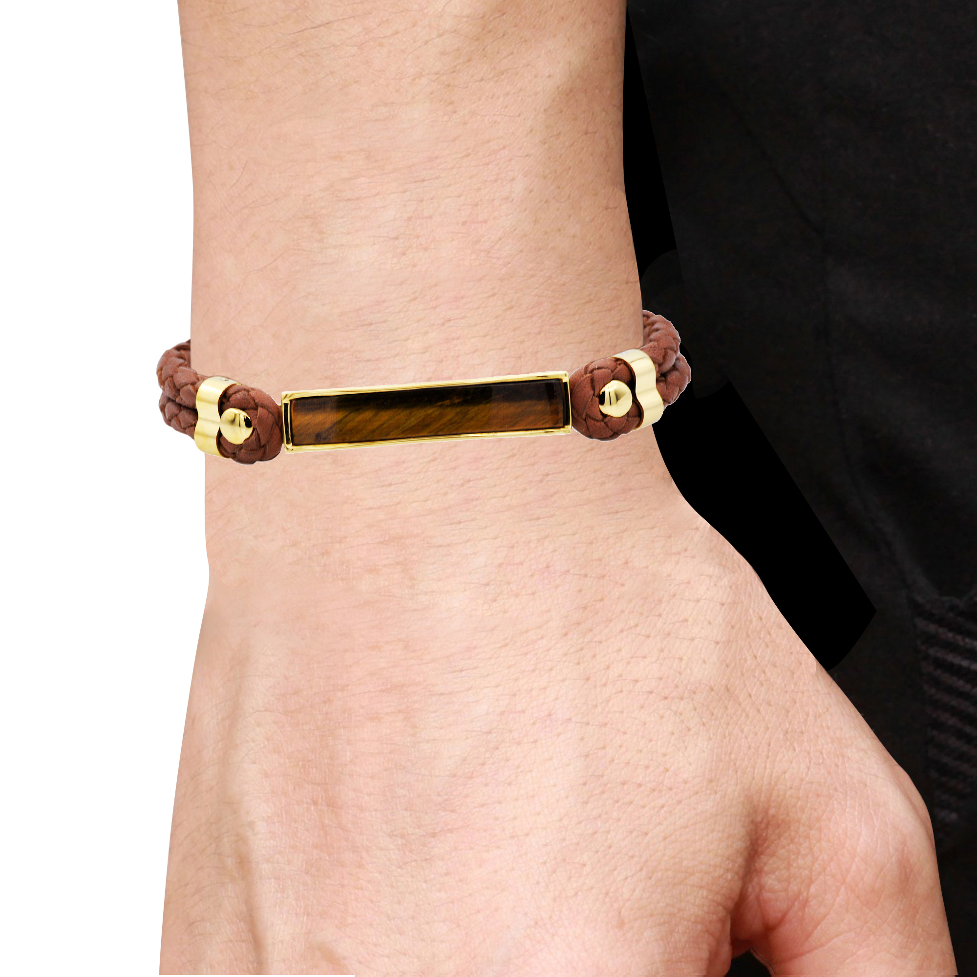 Arista Men's Genuine Tiger Eye and Brown Leather Bracelet in Gold Plated Stainless Steel, 8"