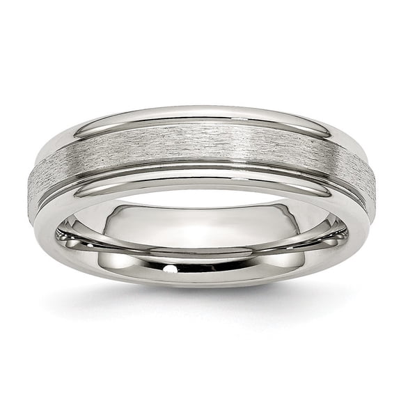 Stainless Steel Grooved Edge 6mm Satin and Polished Band Ring - Size 8