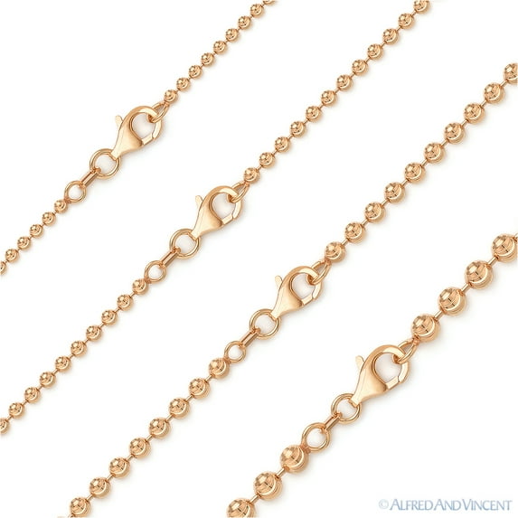 3mm Moon-Cut Ball Bead Link Chain Necklace in .925 Sterling Silver w/ 14k Rose Gold