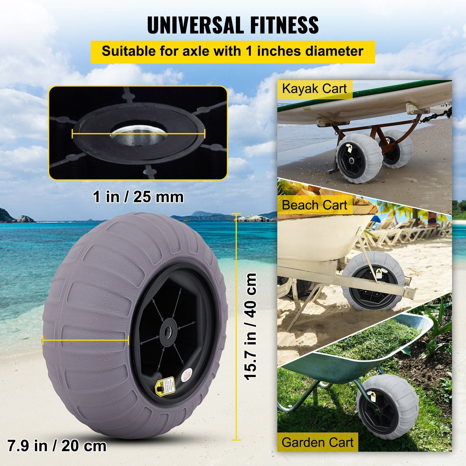 Beach Balloon Wheels 2-Pack, 15.7-Inch Replacement Sand Tires with Heavy-Duty TPU Construction, Includes Hand Air Pump for Easy Inflation, Compatible with Kayak Dolly, Canoe Cart, Up to 176 lbs