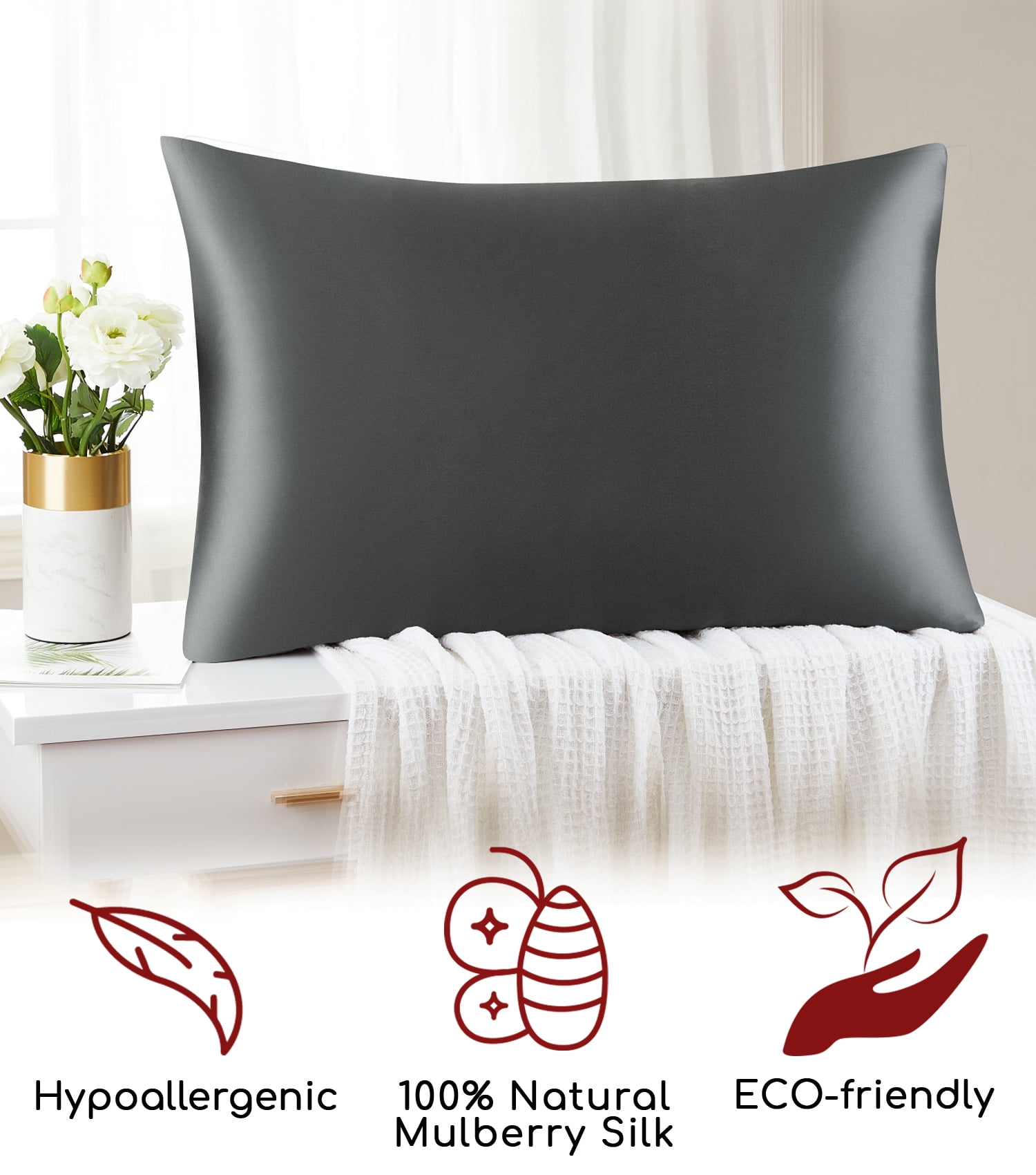 Mellanni Mulberry Silk Collection 19 Momme Dark Gray Silk Pillowcase, Gift Box, Queen