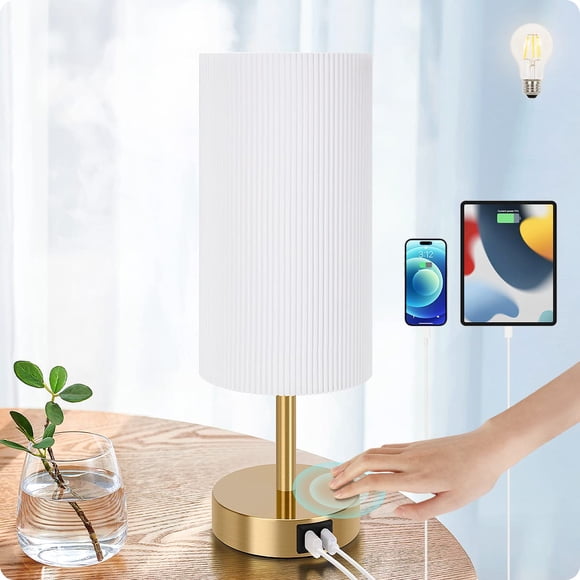 Bedside Lamp with USB port - Touch Control Table Lamp for Bedroom Wood 3 Way Dimmable Nightstand Lamp with Round Pleated Shade for Living R