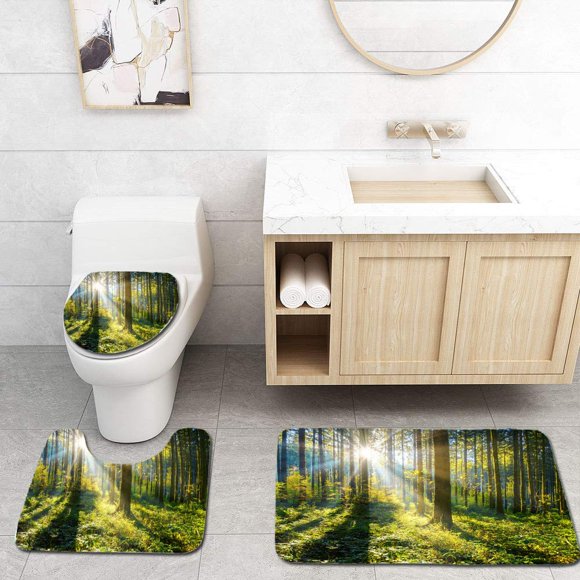 JSDART Sun Shining in a Forest 3 Piece Bathroom Rugs Set Bath Rug Contour Mat and Toilet Lid Cover