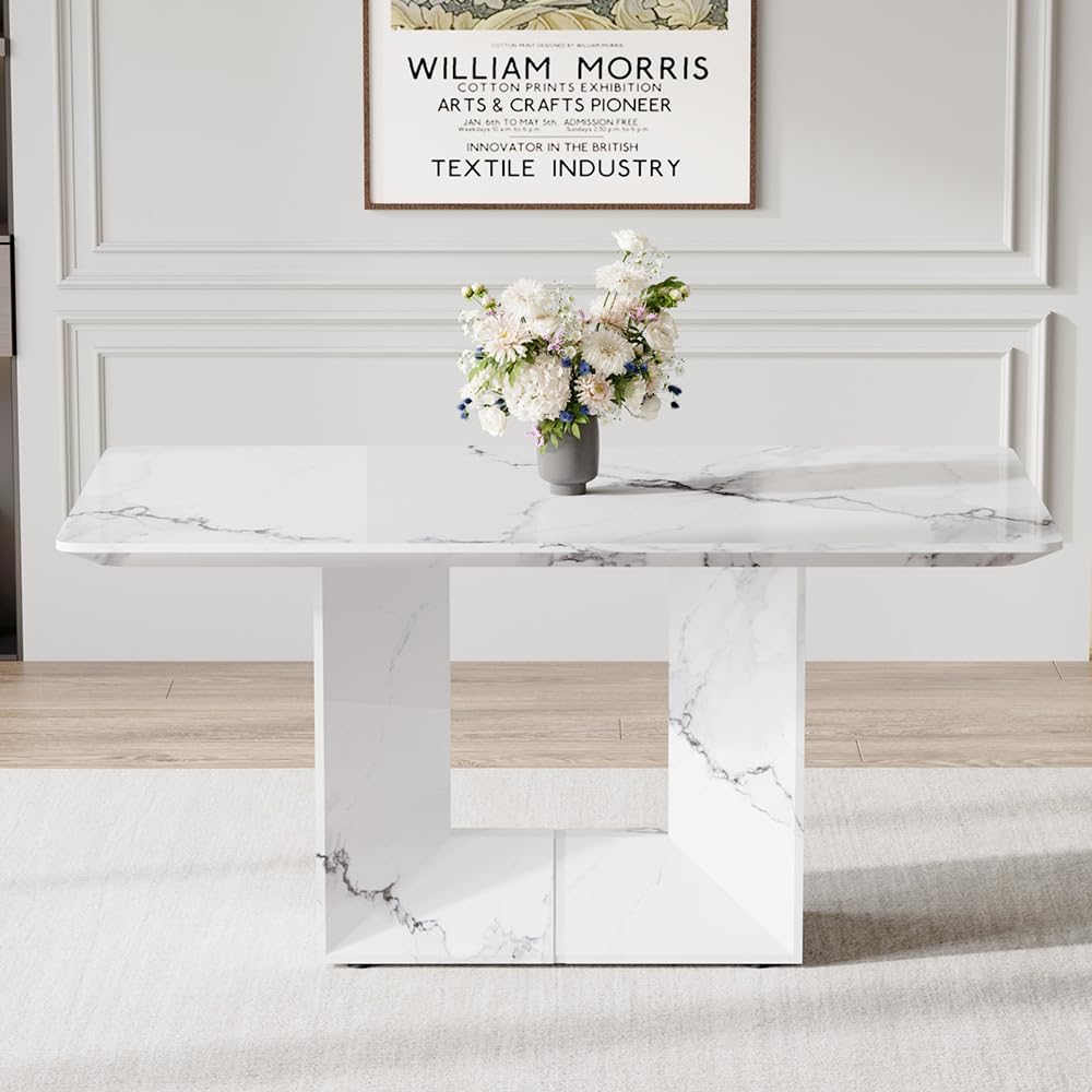 JUFU 63'' Faux Marble Dining Table, White MDF Rectangle Kitchen Table for 4–6, Modern Dining Room Table