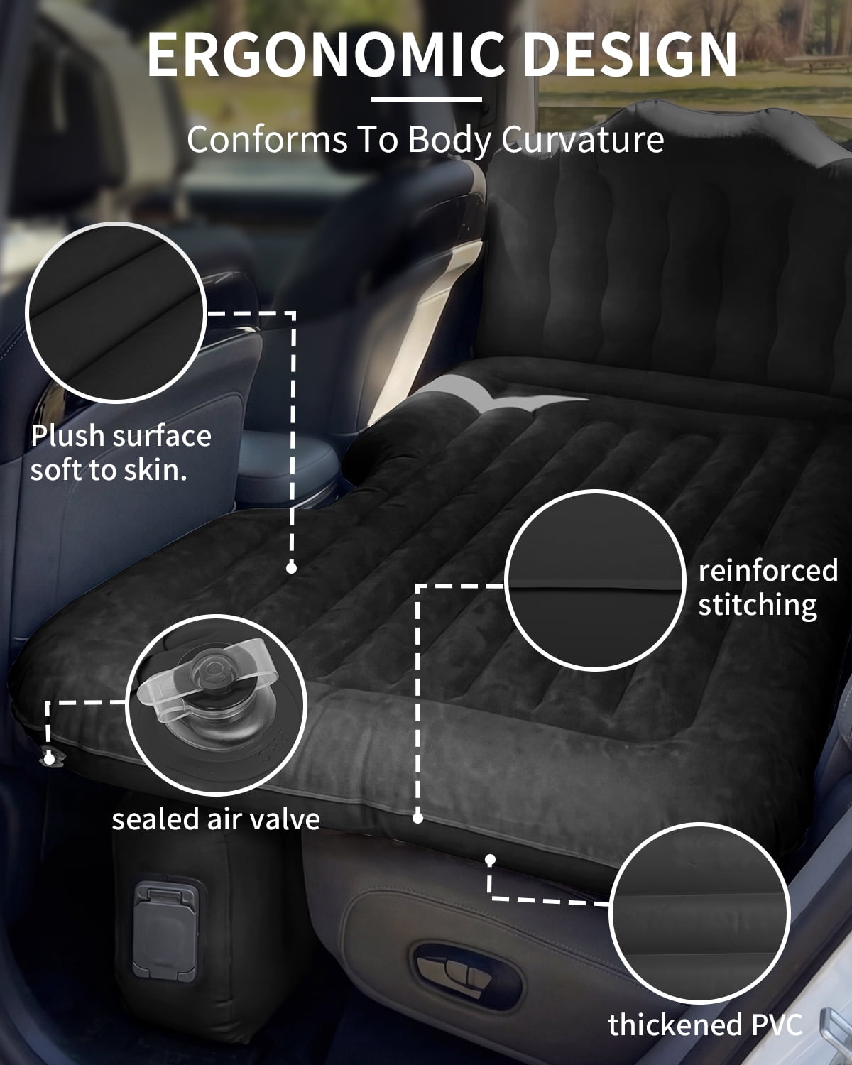 Back Seat Car Air Mattress: Cordless Inflatable SUV Car Camping Bed for Truck Van with Built-in Air Pump, Thickened Double-Sided Flocking Travel Car Sleeping Pad