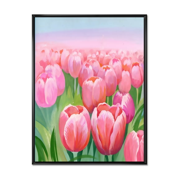 Designart 'Pink Tulips in Field' Traditional Framed Canvas Wall Art Print