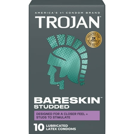 Trojan Bareskin Studded Thin Bulbous Shape Latex Lubricated Condoms, 10 Count